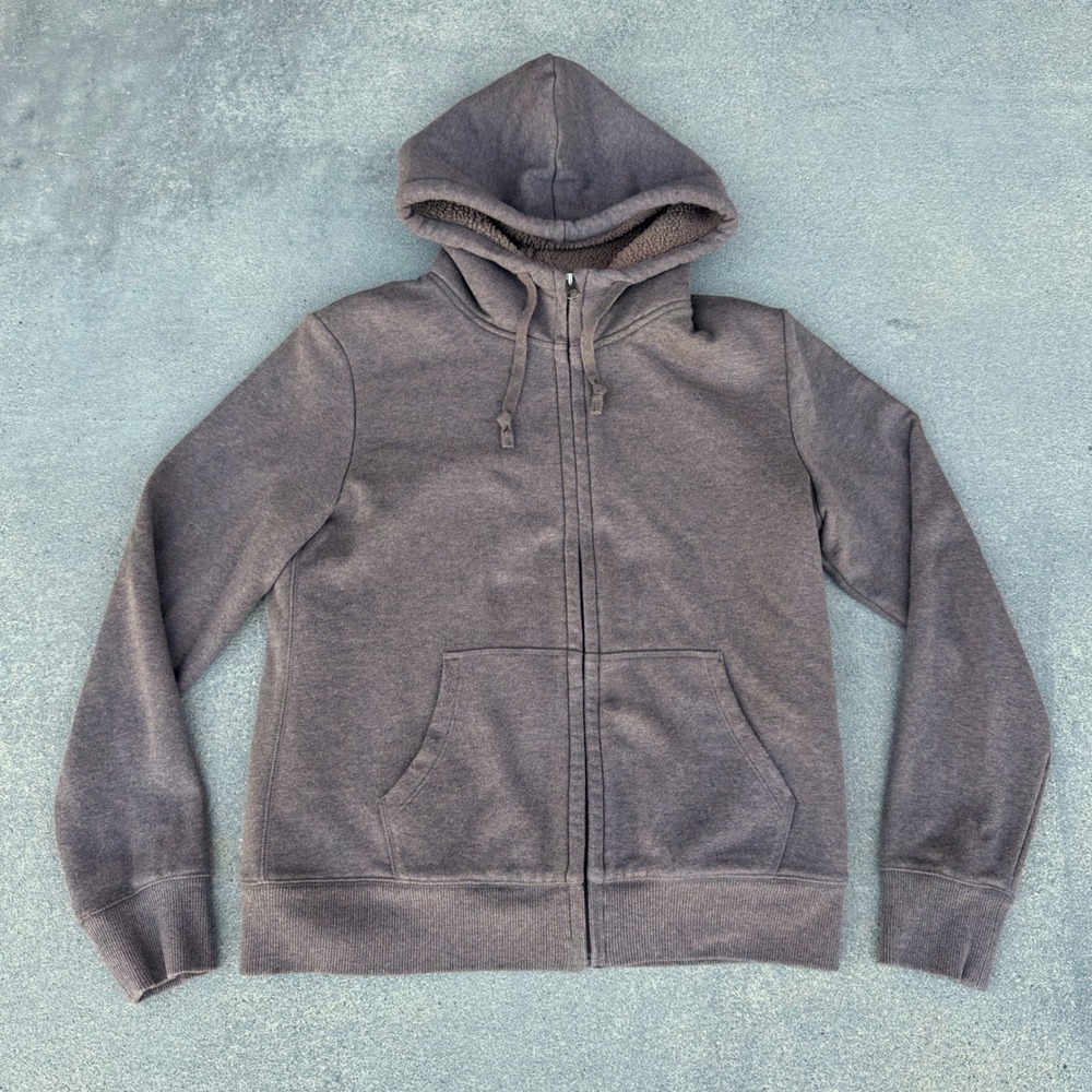 Uniqlo Pile Lined Sweat Full Zip Hoodie Brown Faux Shearling Size Med